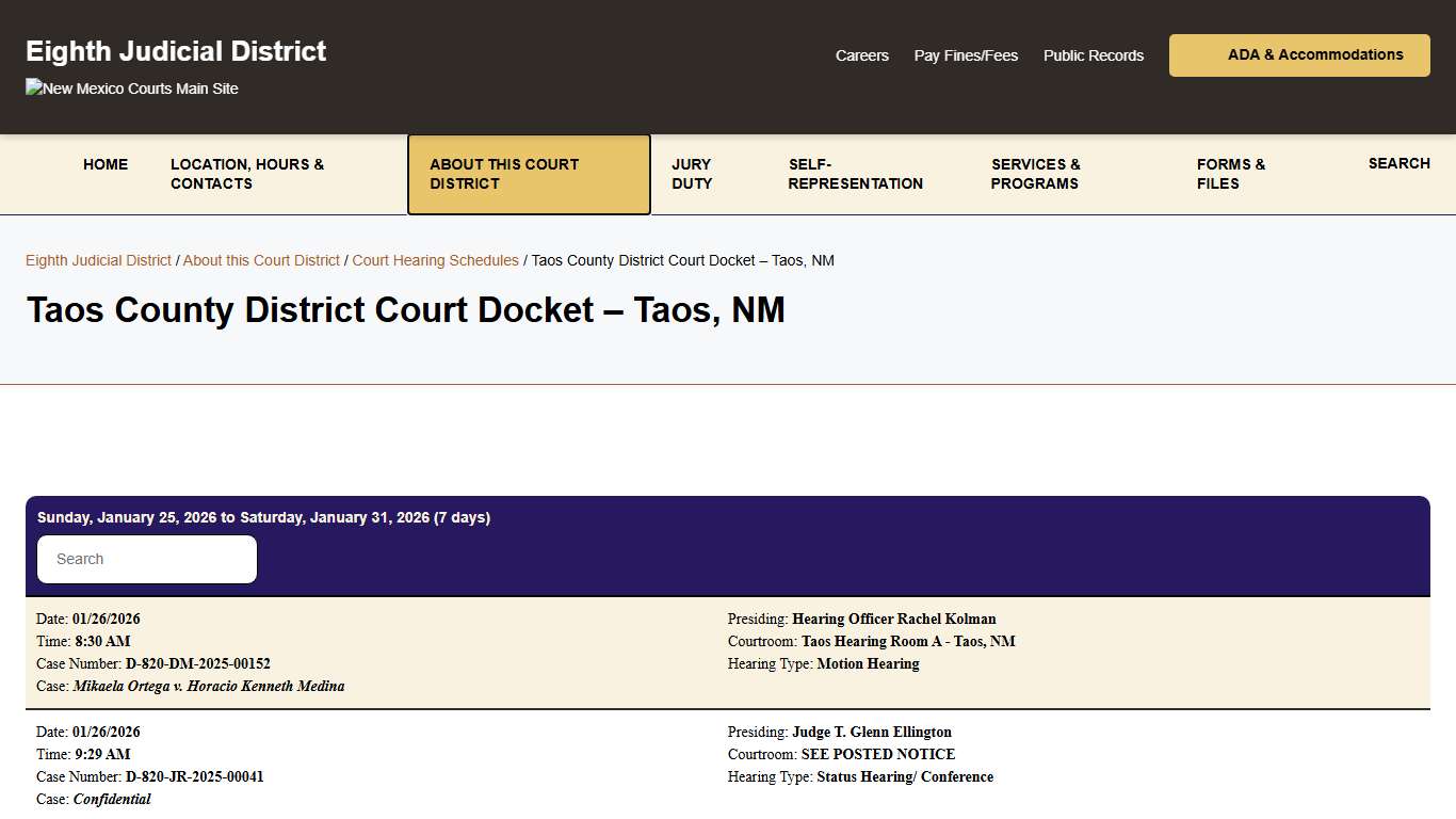 Taos County District Court Docket – Taos, NM - Eighth Judicial District